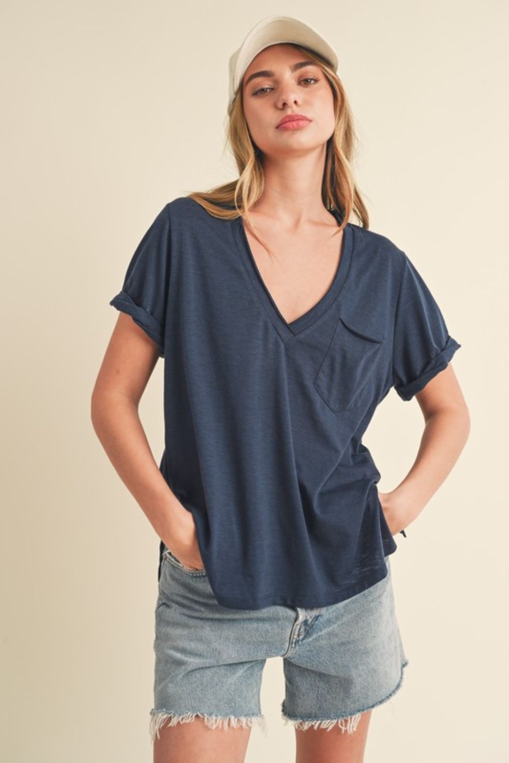 Aemi + Co Side Slit V-Neck Short Rolled Sleeve T-Shirt - Smart Shopper