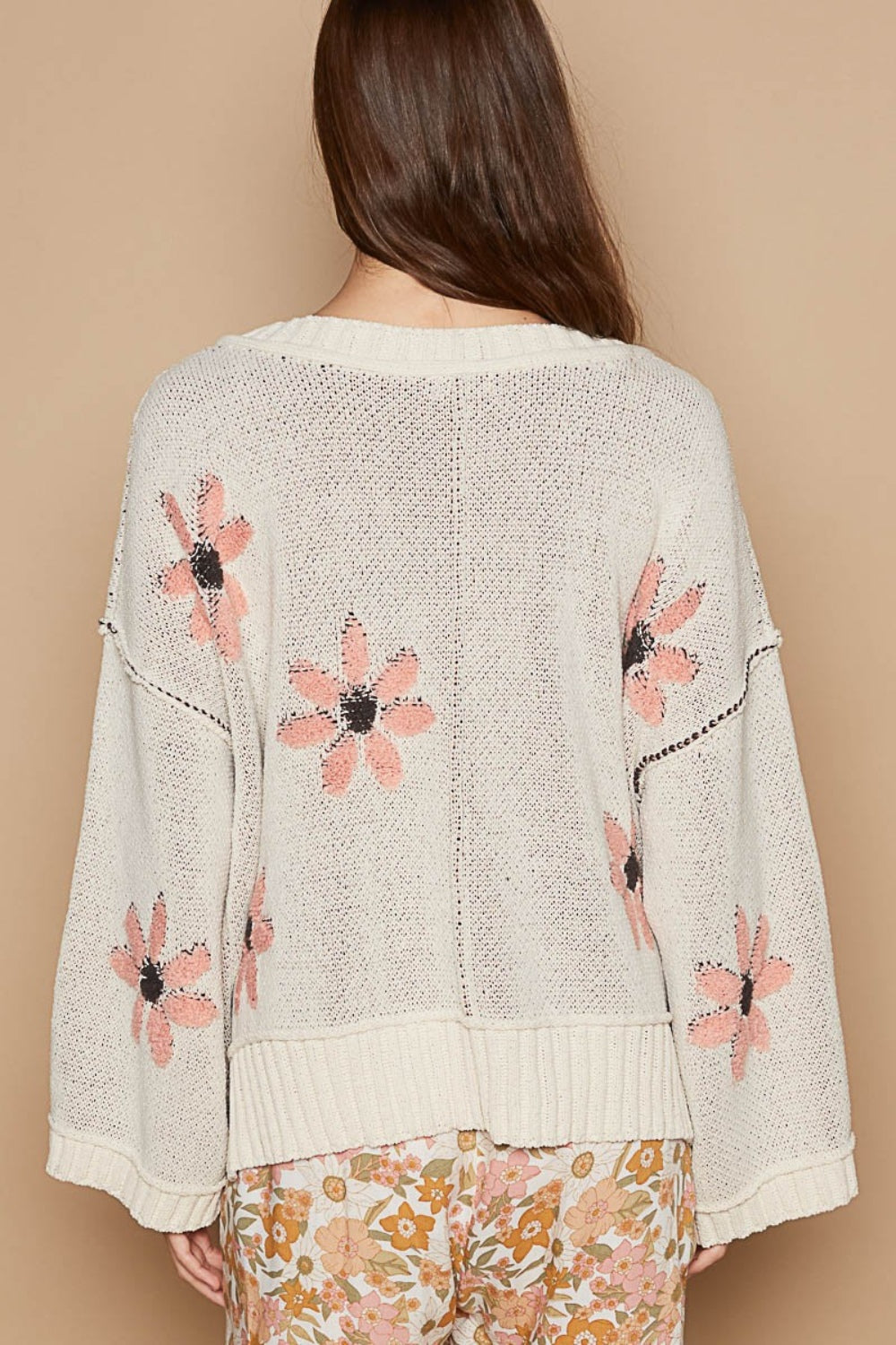 POL V-Neck Floral Pattern Chenille Sweater - Smart Shopper