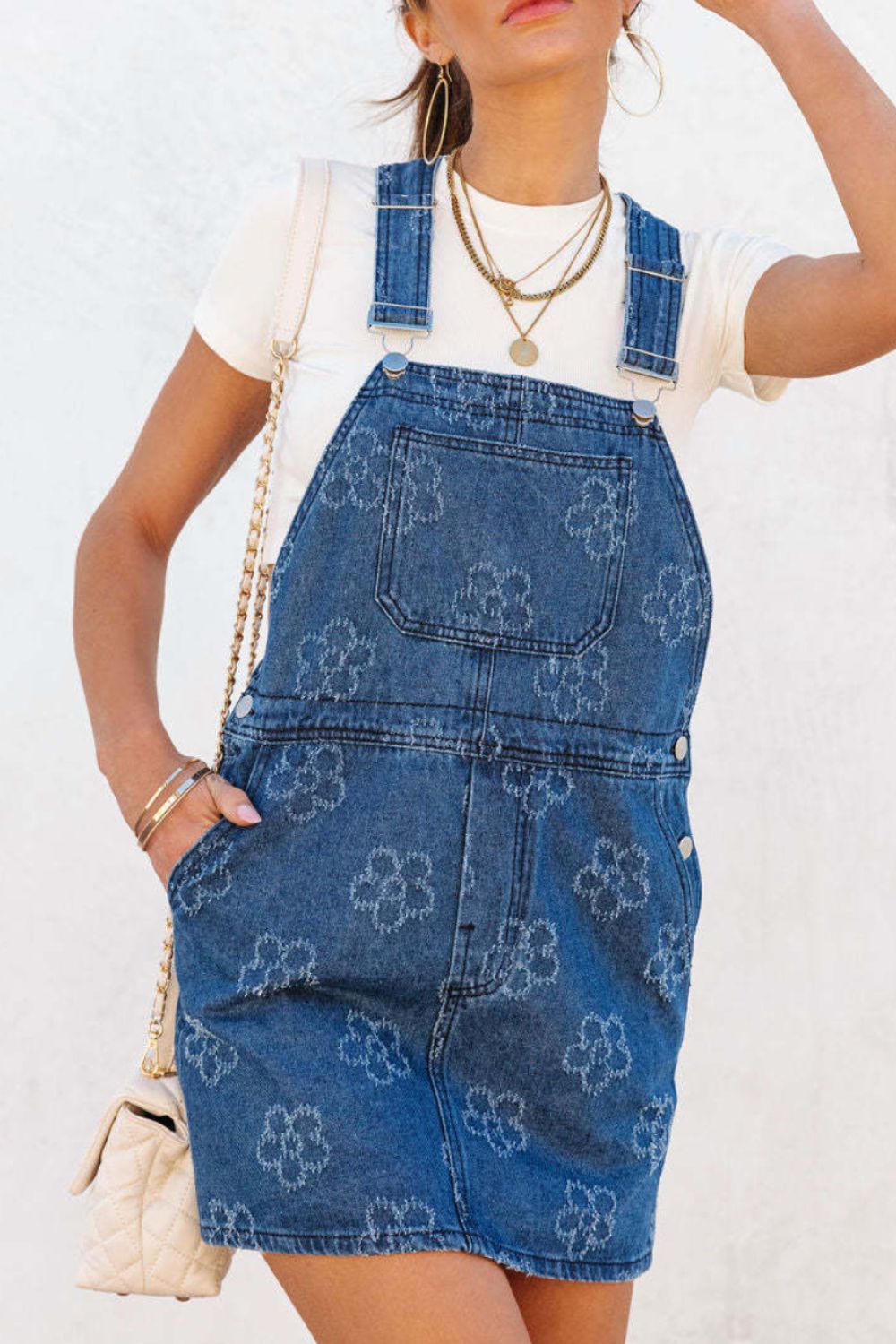 Flower Print Square Neck Denim Overall Dress - Smart Shopper