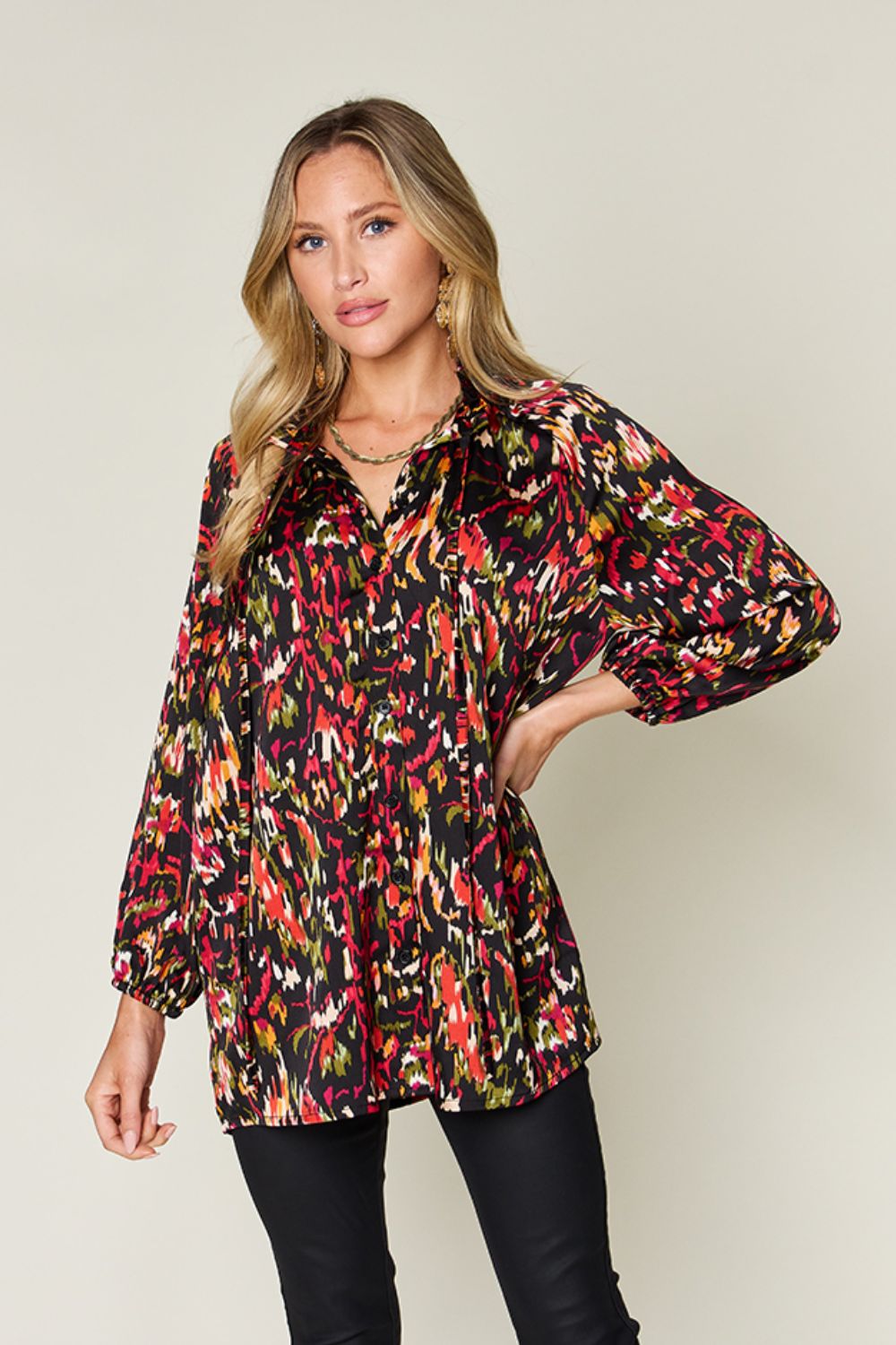 Double Take Full Size Printed Button Up Long Sleeve Shirt - Smart Shopper