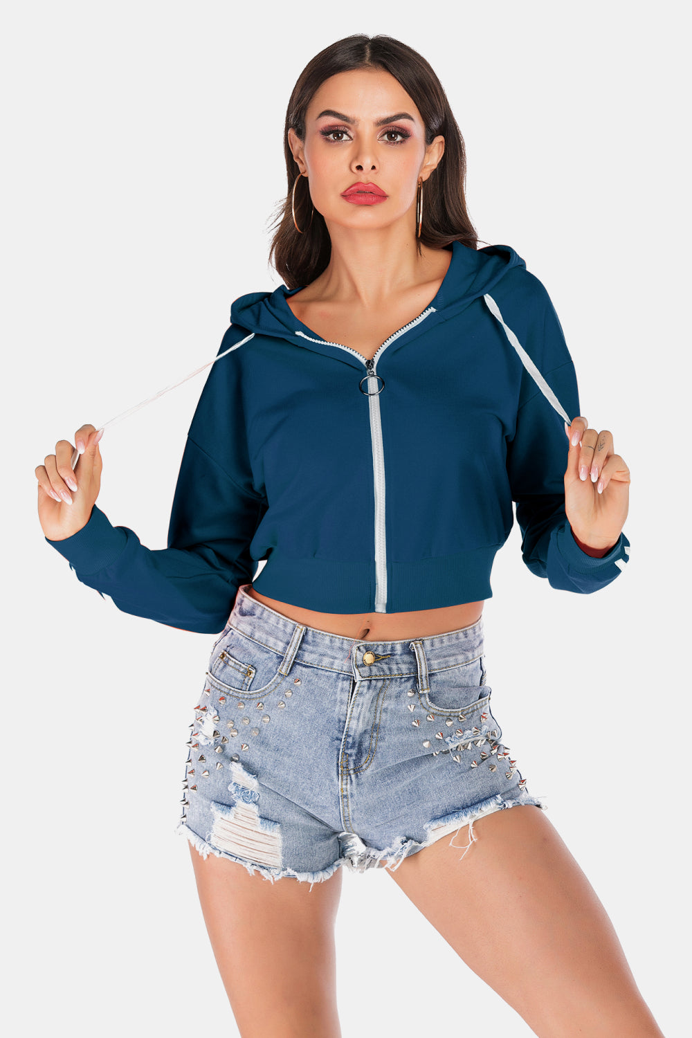 Perfee Side Stripe Drawstring Cropped Hooded Jacket - Smart Shopper