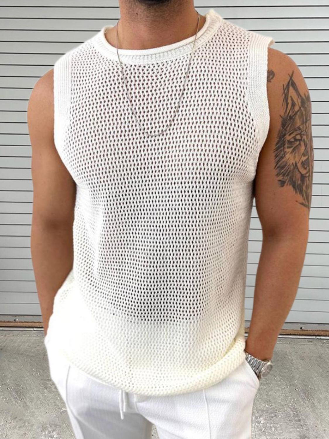 Men's Openwork Round Neck Sleeveless Knit Top - Smart Shopper