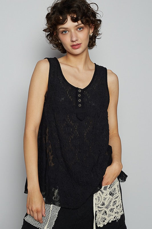 POL Crochet Lace Mix Button Detail Round Neck Tank - Smart Shopper