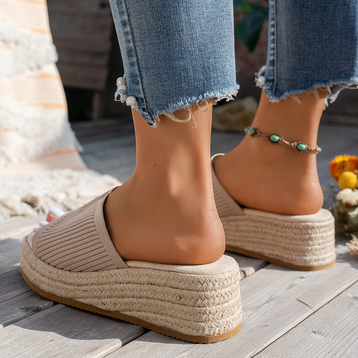 Open Toe Wedge Knit Sandals - Smart Shopper