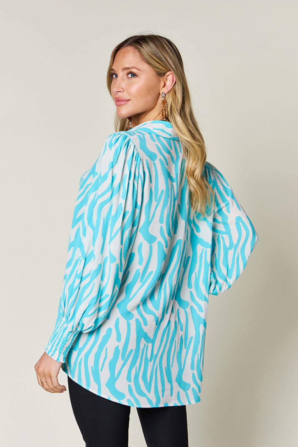 Double Take Full Size Printed Smocked Long Sleeve Blouse - Smart Shopper