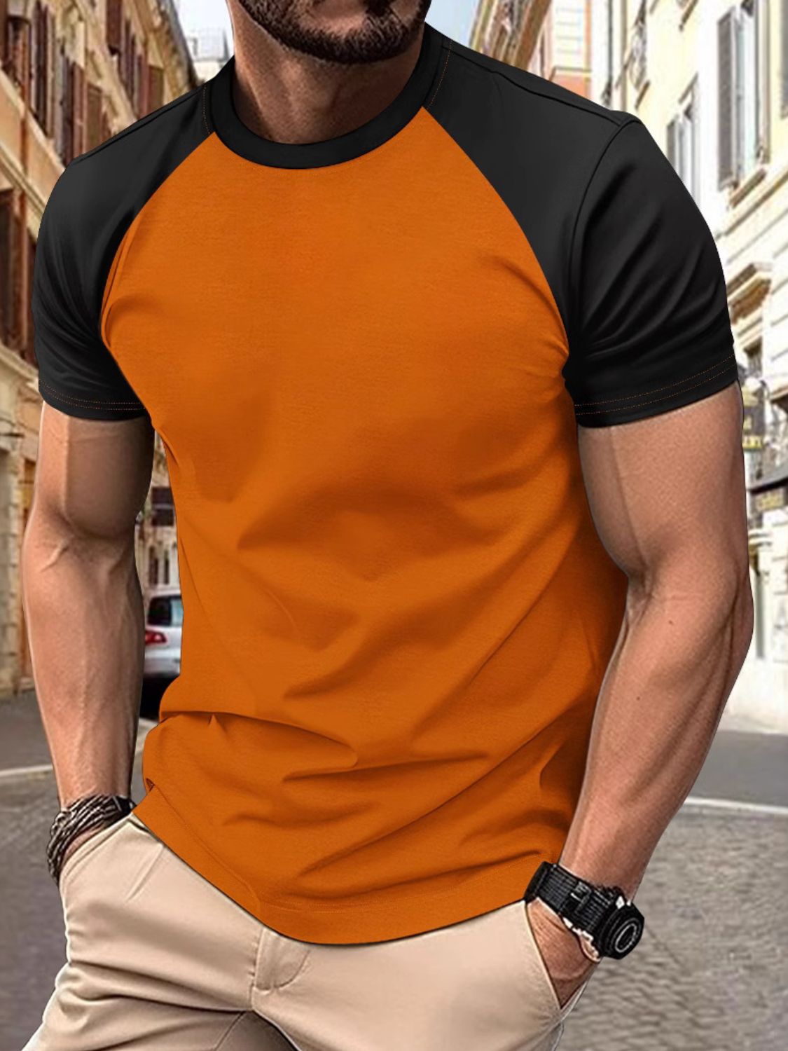 Men's Full Size Round Neck Contrast T-Shirt Plus Size - Smart Shopper