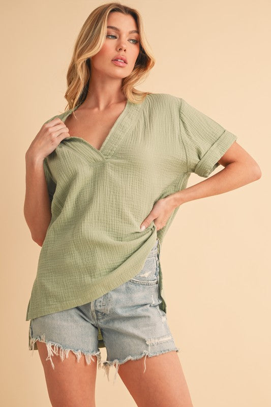 Aemi + Co Side Slit V-Neck Short Sleeve Blouse - Smart Shopper