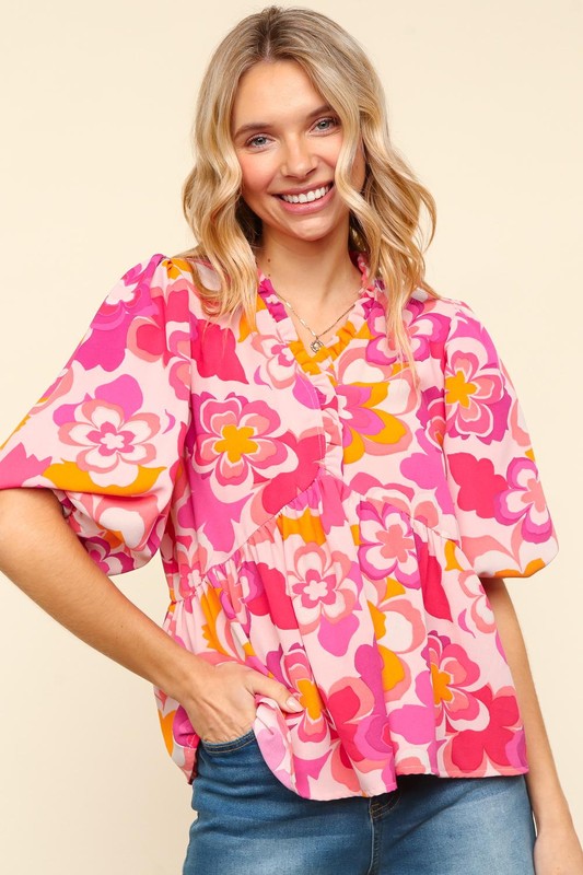 Haptics Full Size Frill Floral Puff Sleeve Blouse - Smart Shopper