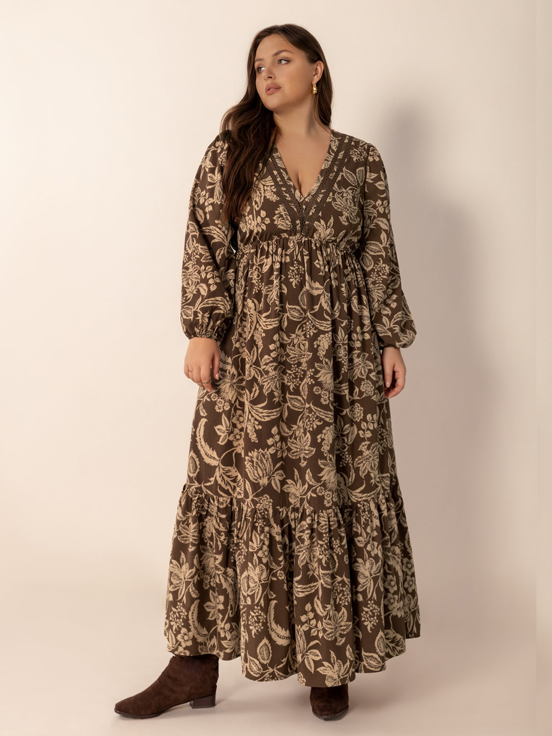 Plus Size Printed V-Neck Balloon Sleeve Maxi Dress - Smart Shopper