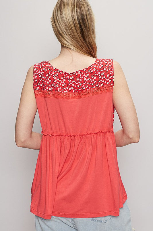 POL Lace Detail Frill Floral V-Neck Sleeveless Top - Smart Shopper