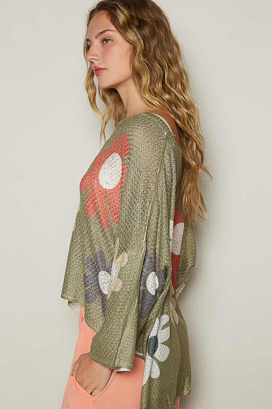 POL Flower Dropped Shoulder Long Sleeve Knit Top - Smart Shopper