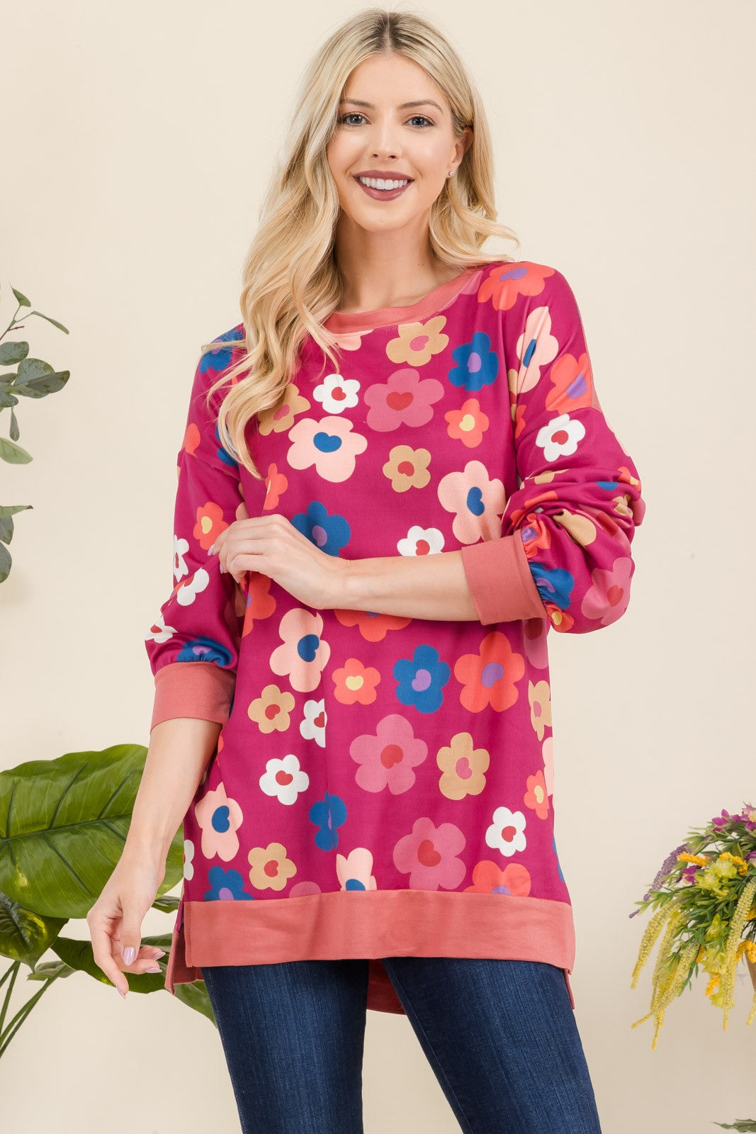 Celeste Full Size Side Slit Flower Print Long Sleeve Top - Smart Shopper