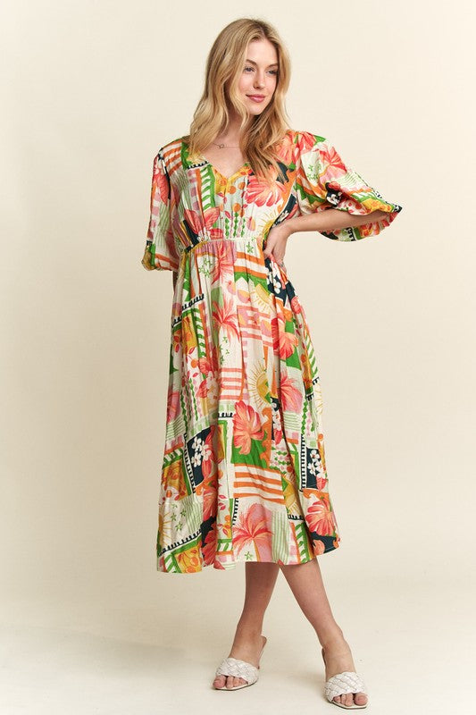 ADORA Floral V-Neck Puff Sleeve Midi Dress - Smart Shopper