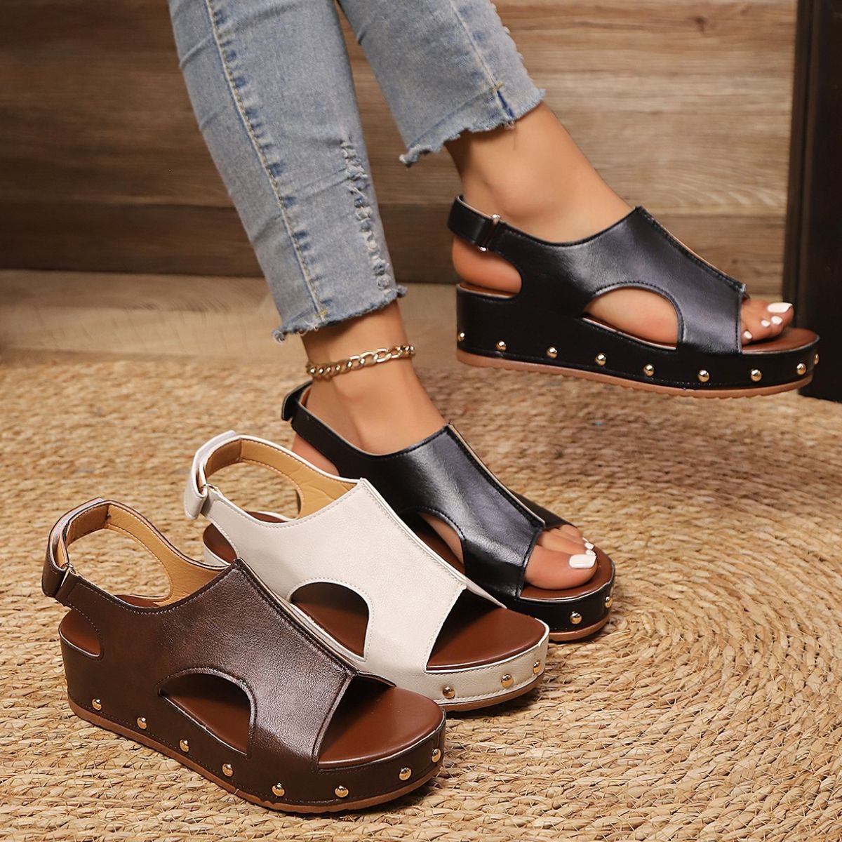 Rivet Decor Wedge Velcro Sandals - Smart Shopper