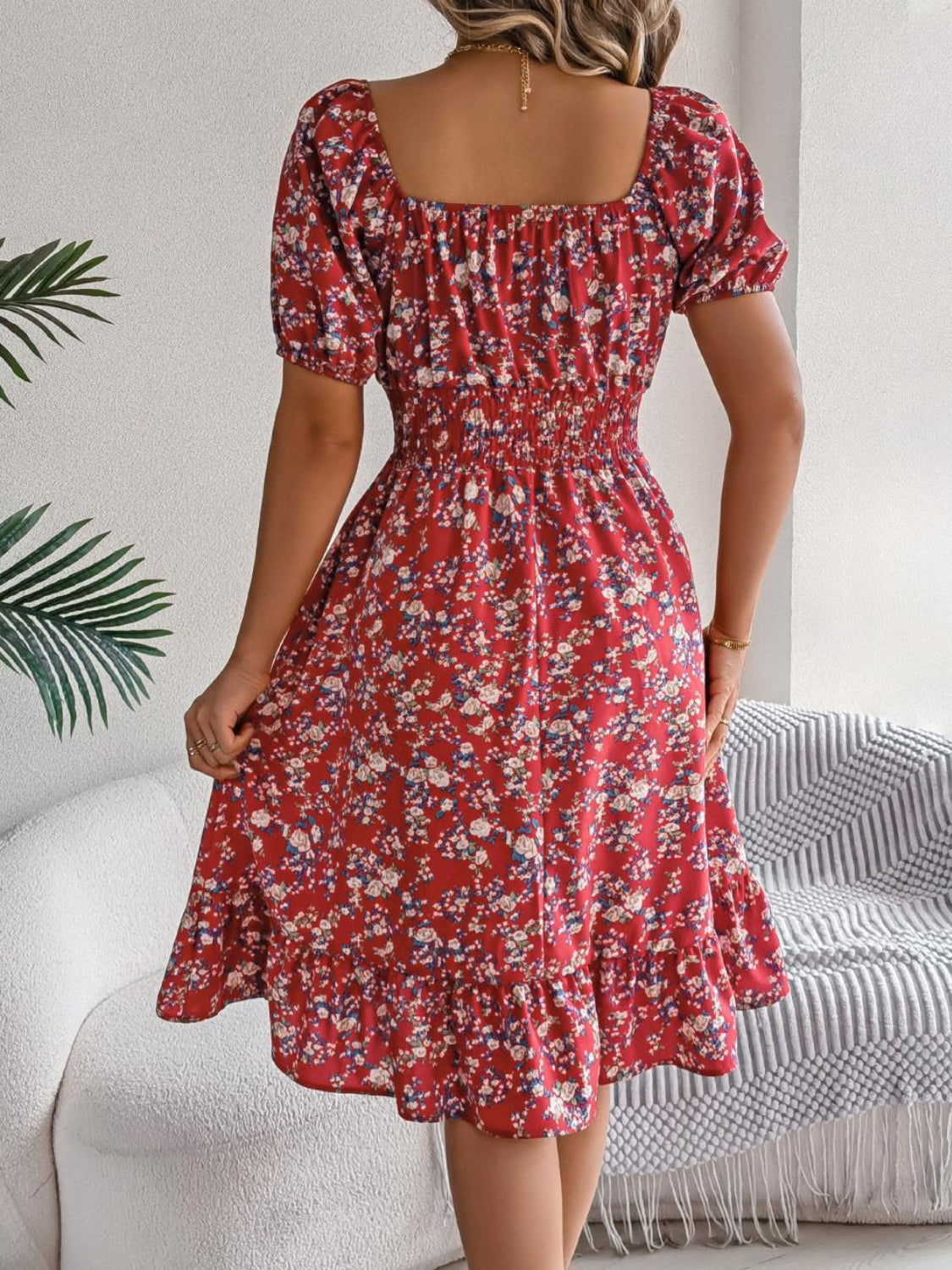 Ruffled Hem Smocked Printed Puff Sleeve Dress - Smart Shopper