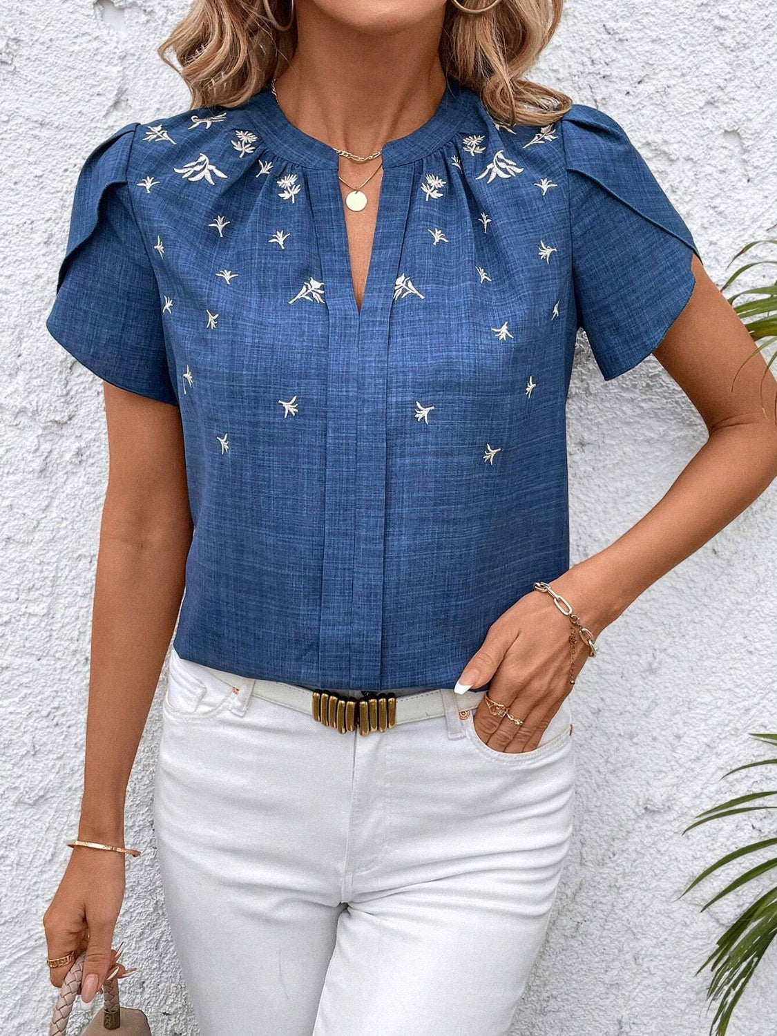 Floral Notched Short Sleeve Blouse - Smart Shopper