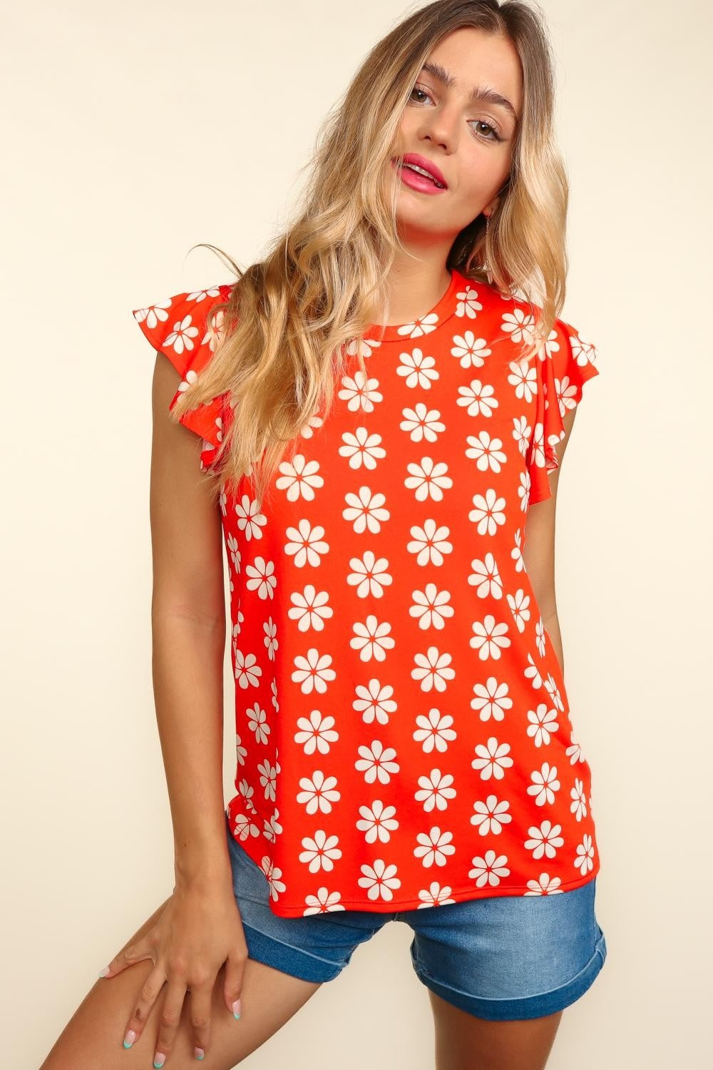 Haptics Round Neck Ruffled Floral Contrast Knit Top - Smart Shopper