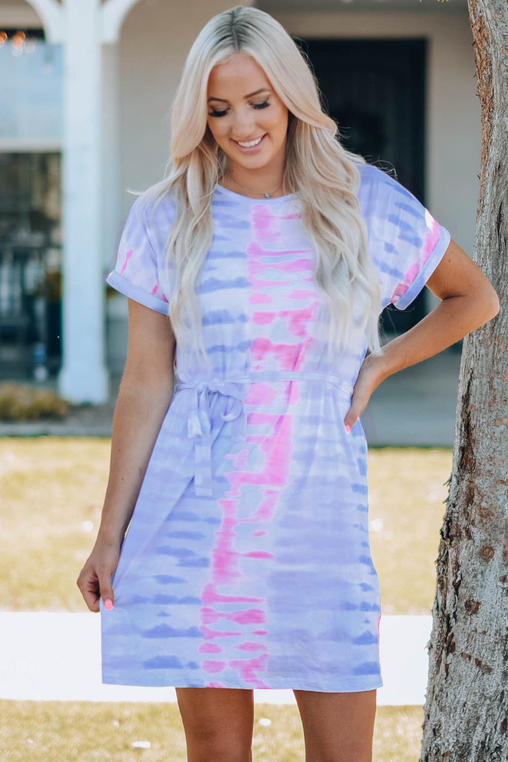 Women Tie-Dye Belted T-Shirt Dress - Smart Shopper