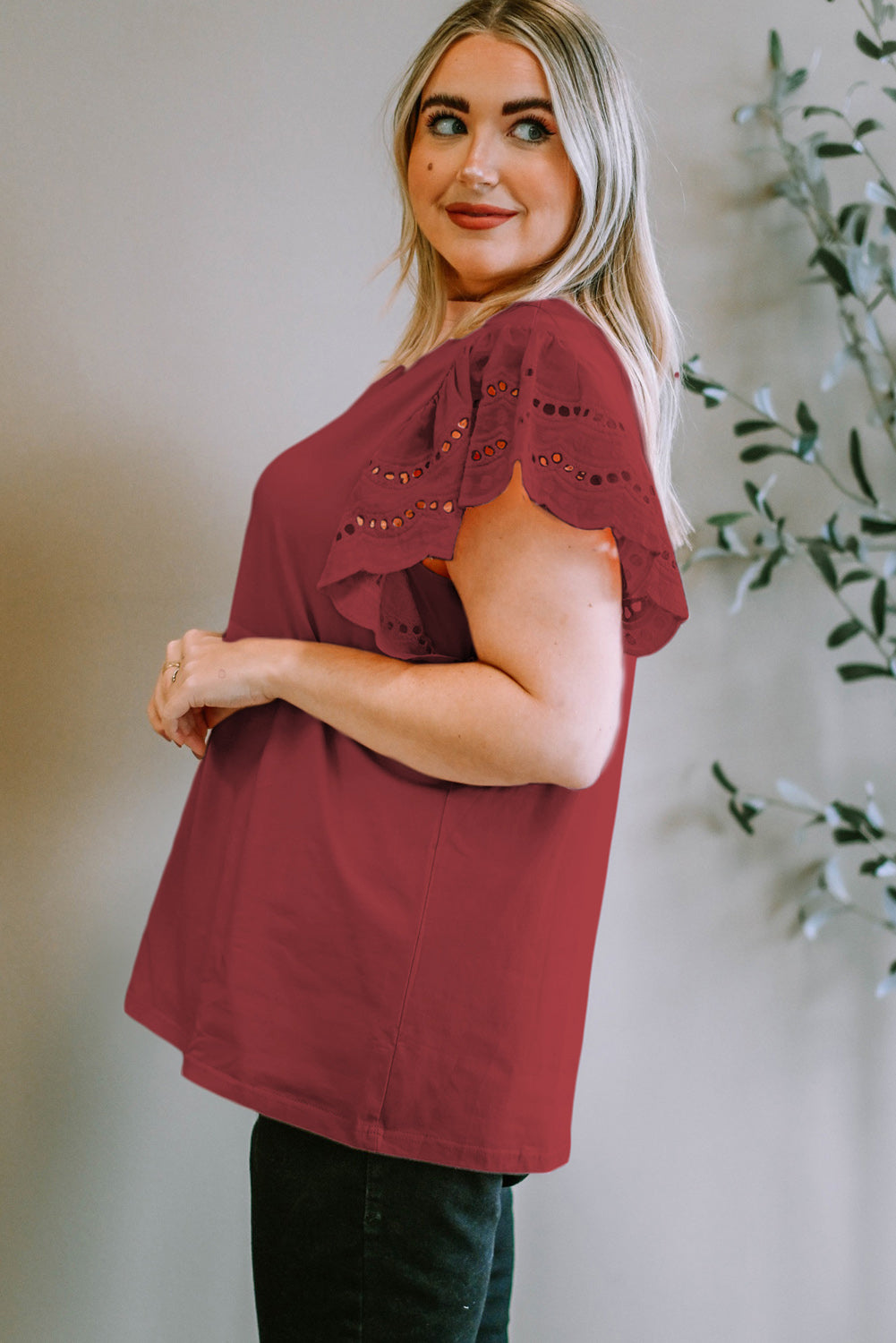 Plus Size Eyelet Round Neck Short Sleeve Blouse - Smart Shopper