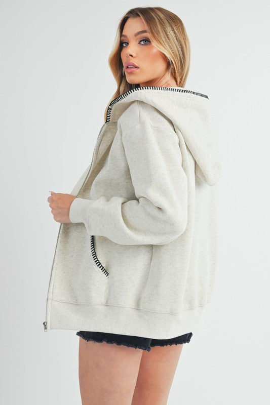 Aemi + Co Contrast Trim Zip Up Hoodie Jacket - Smart Shopper