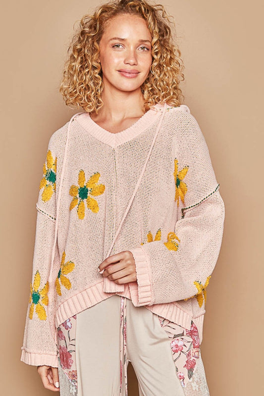 POL Floral Pattern Hooded High-Low Sweater - Smart Shopper