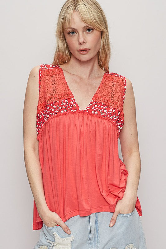 POL Lace Detail Frill Floral V-Neck Sleeveless Top - Smart Shopper