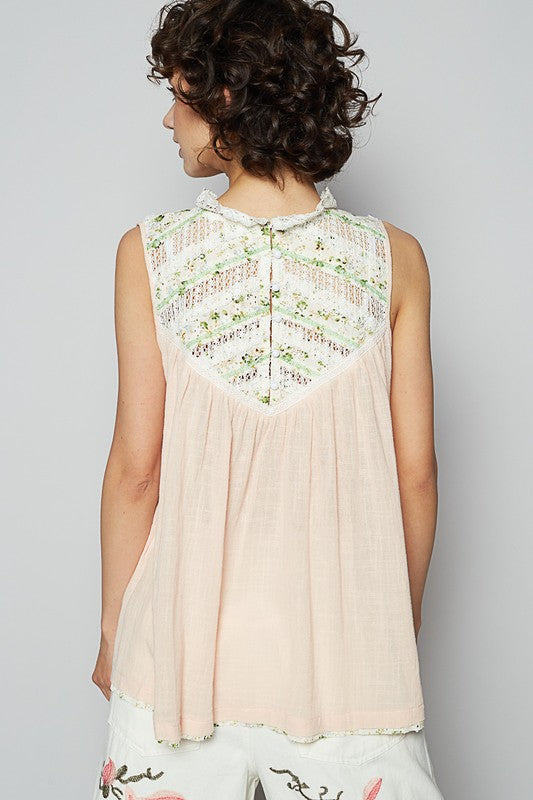 POL Lace Detail Floral Sleeveless Rayon Gauze Top - Smart Shopper