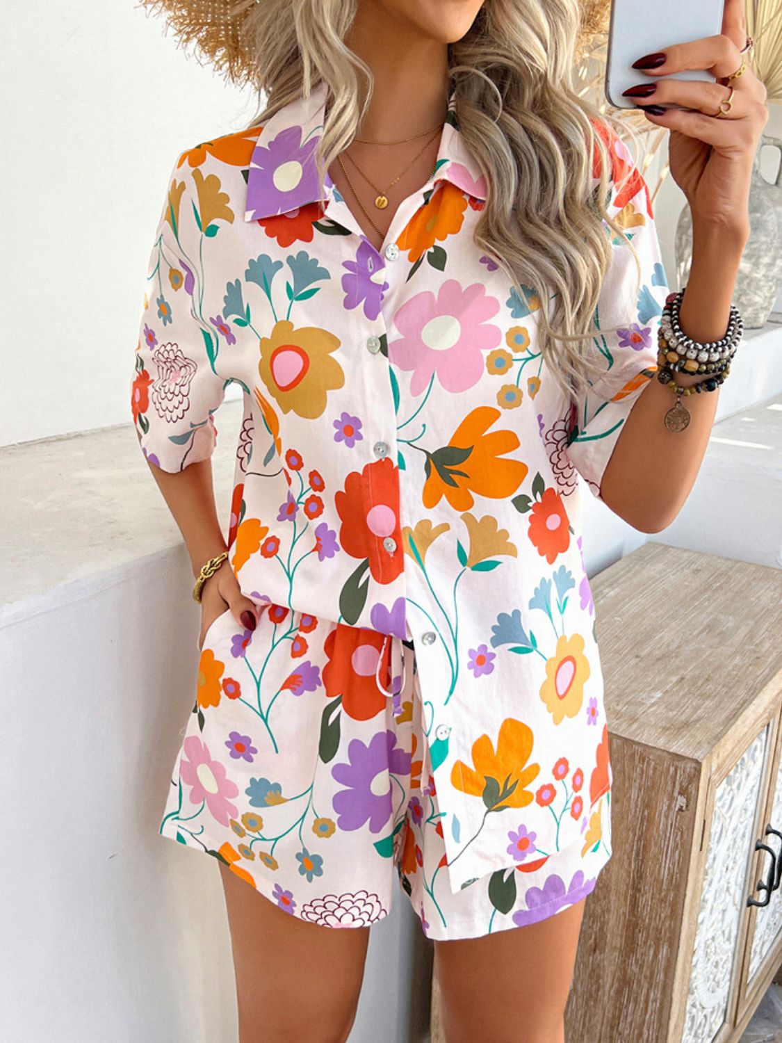 Devine Printed Button Down Shirt and Shorts Set - Smart Shopper