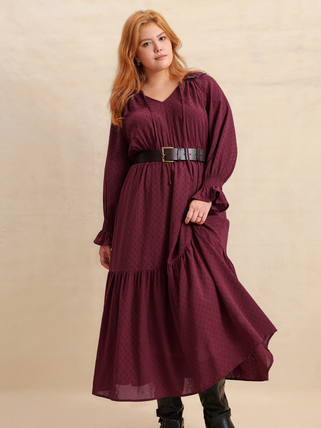 Plus Size Swiss Dot Tie Neck Flounce Sleeve Maxi Dress - Smart Shopper