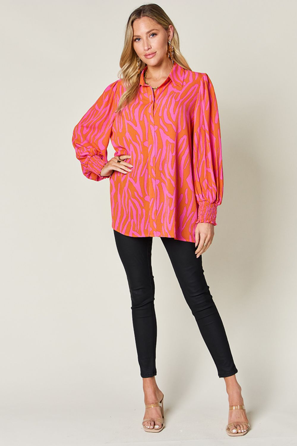 Double Take Full Size Printed Smocked Long Sleeve Blouse - Smart Shopper