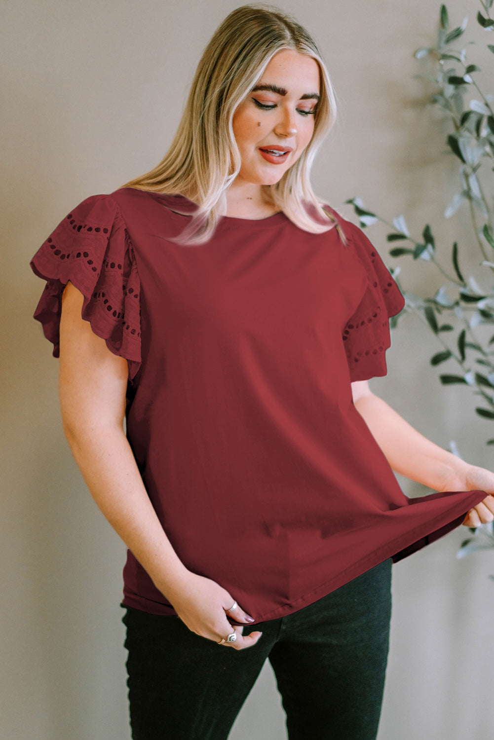 Plus Size Eyelet Round Neck Short Sleeve Blouse - Smart Shopper