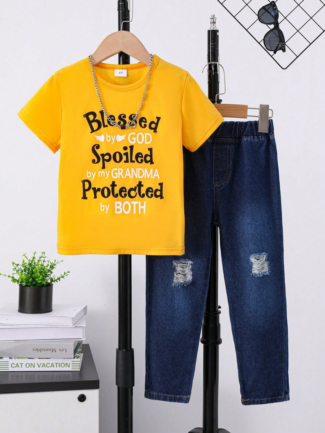 Children's Round Neck Letter Graphic T-Shirt and Distressed Jeans Set - Smart Shopper