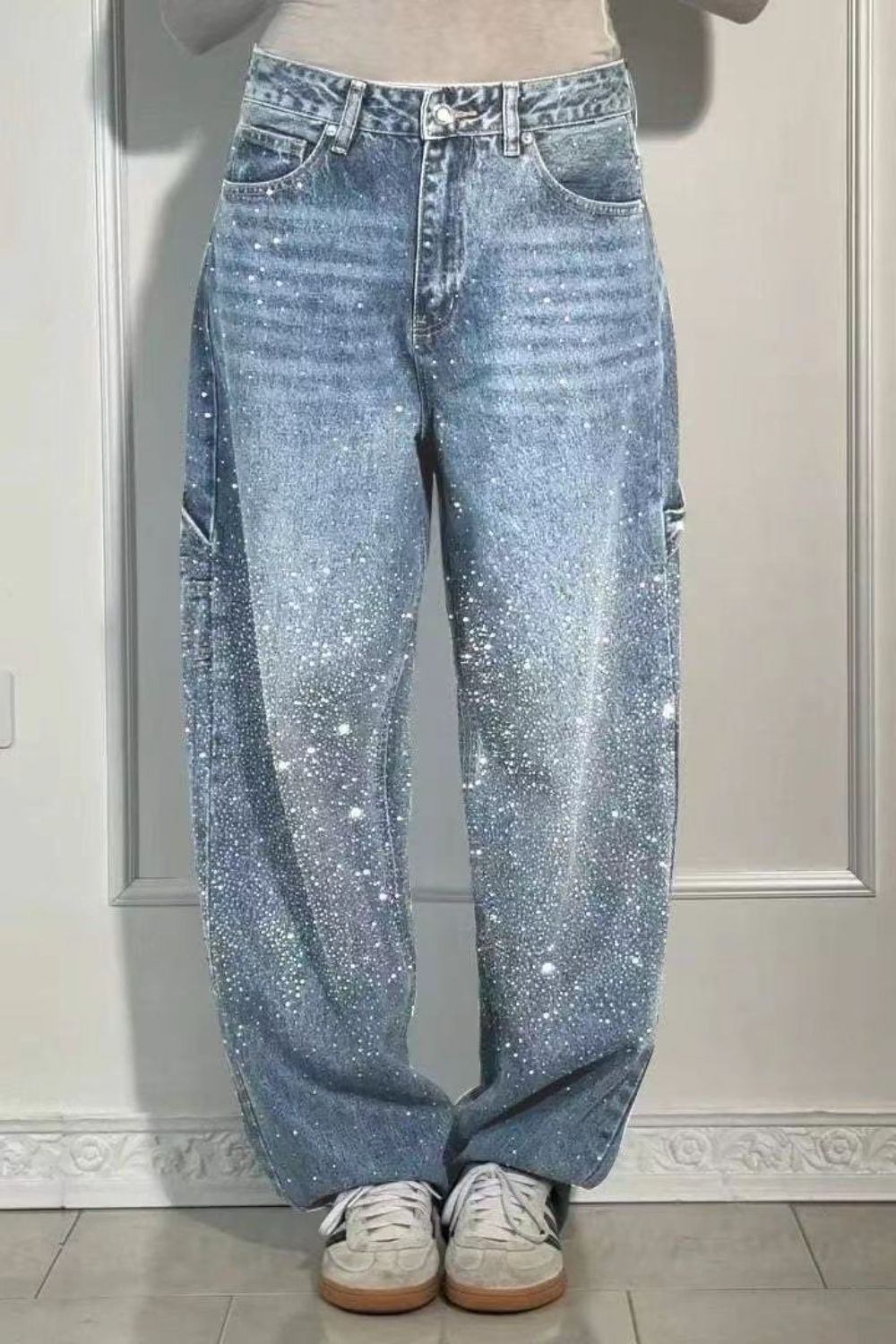 Full Size Washed Rhinestone Detail Wide leg Jeans Plus Size - Smart Shopper