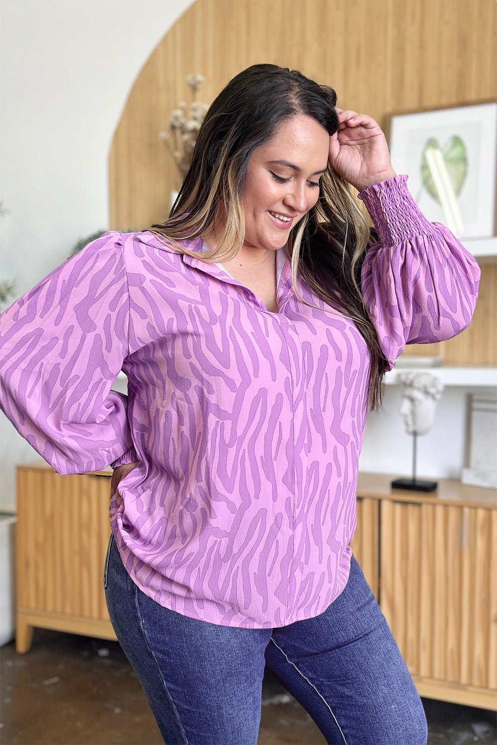 Double Take Full Size Printed Smocked Long Sleeve Blouse - Smart Shopper