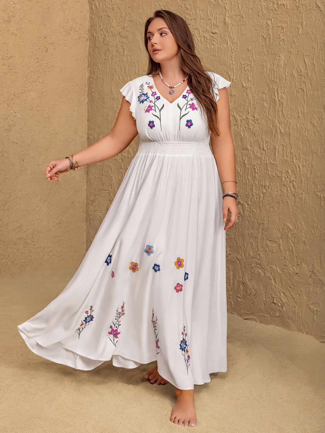 Plus Size Embroidered Floral V-Neck Cap Sleeve Maxi Dress - Smart Shopper