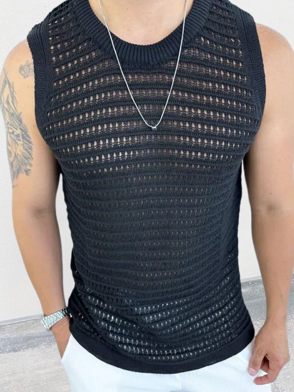 Men's Round Neck Hollow Out Sleeveless Knit Top - Smart Shopper