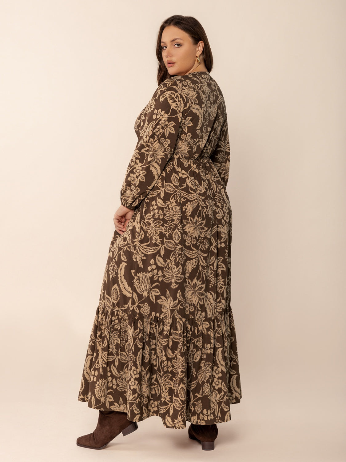 Plus Size Printed V-Neck Balloon Sleeve Maxi Dress - Smart Shopper