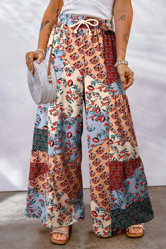 Full Size Drawstring Printed Wide Leg Pants - Smart Shopper