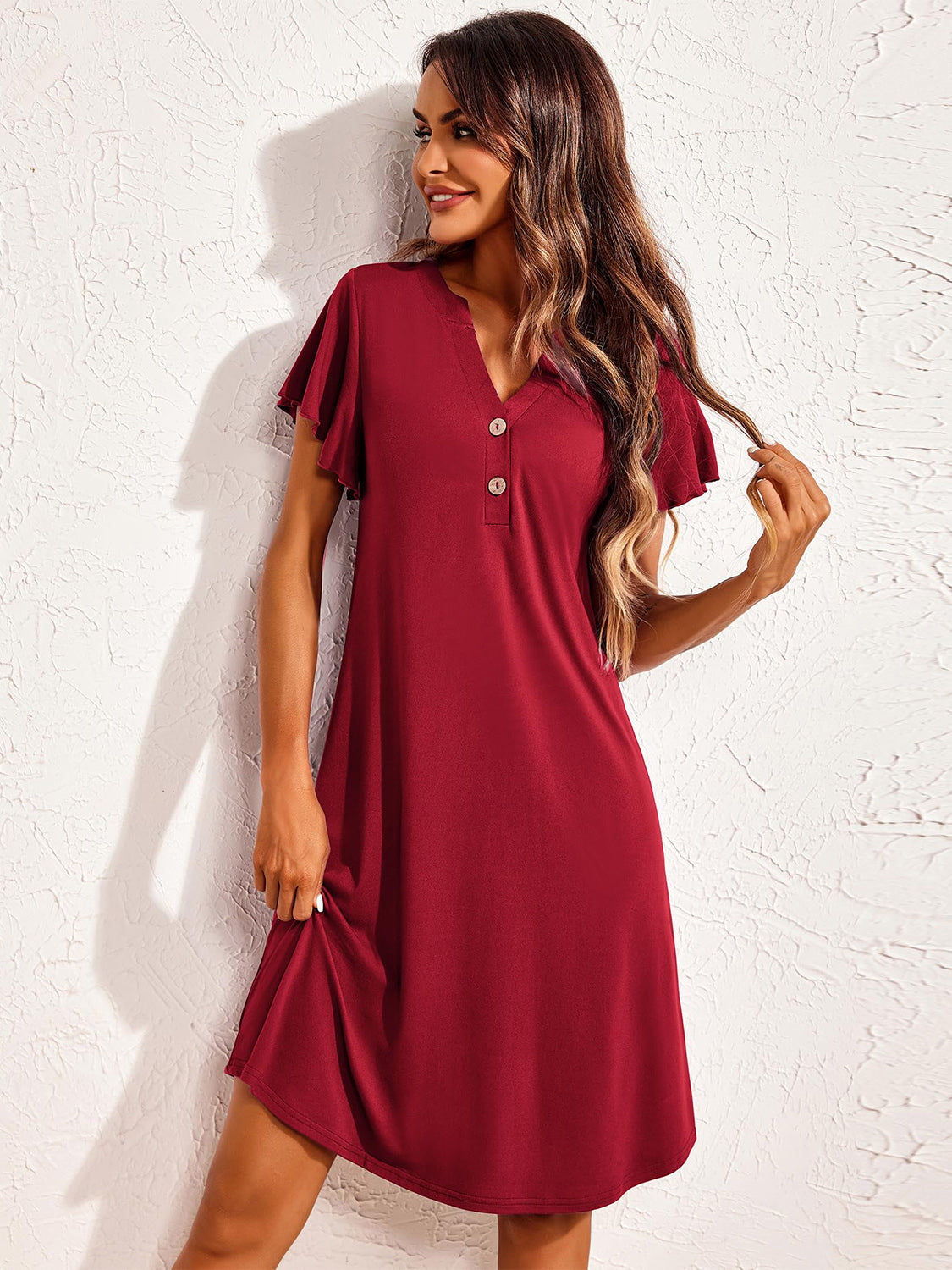 Notched Short Sleeve Lounge Dress - Smart Shopper