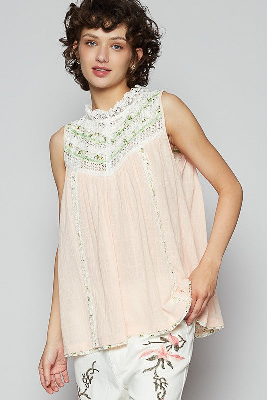 POL Lace Detail Floral Sleeveless Rayon Gauze Top - Smart Shopper