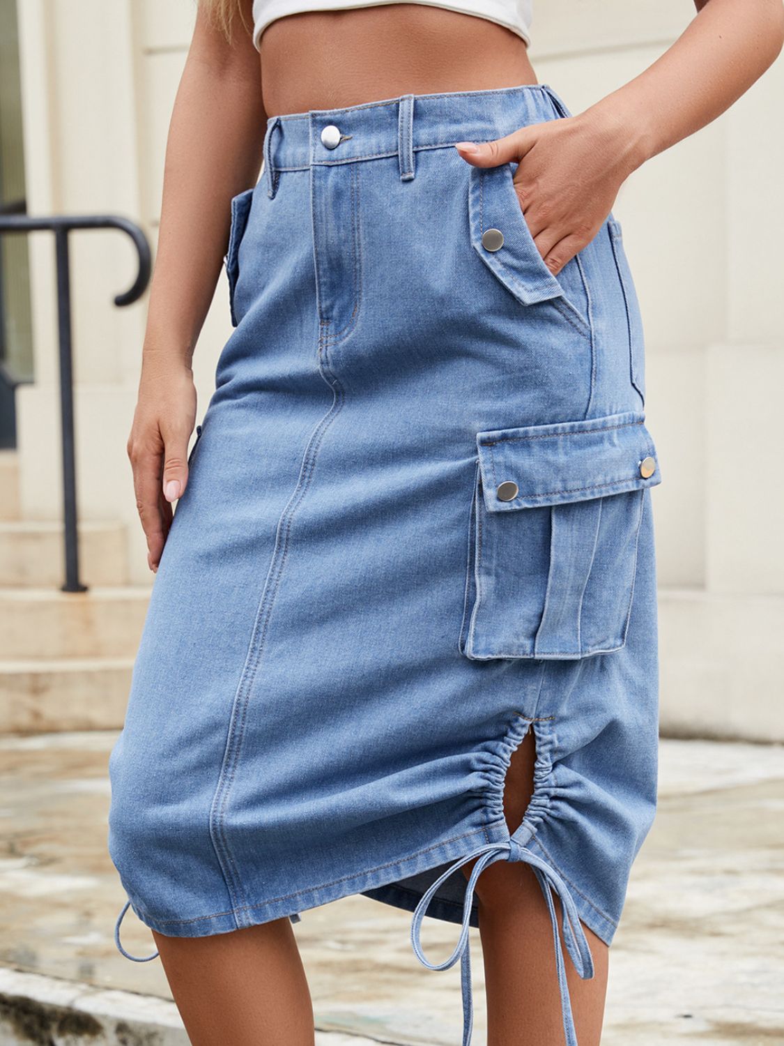 Drawstring Denim Skirt with Cargo Pockets - Smart Shopper