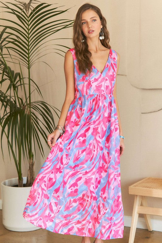 ADORA Abstract Floral V-Neck Maxi Dress - Smart Shopper