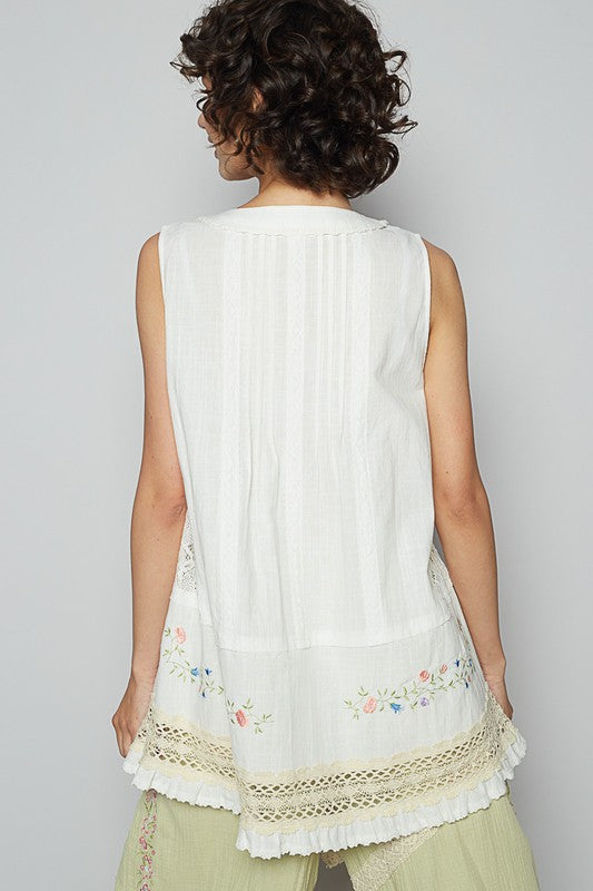 POL Embroidered Lace Detail V-Neck Sleeveless Top - Smart Shopper