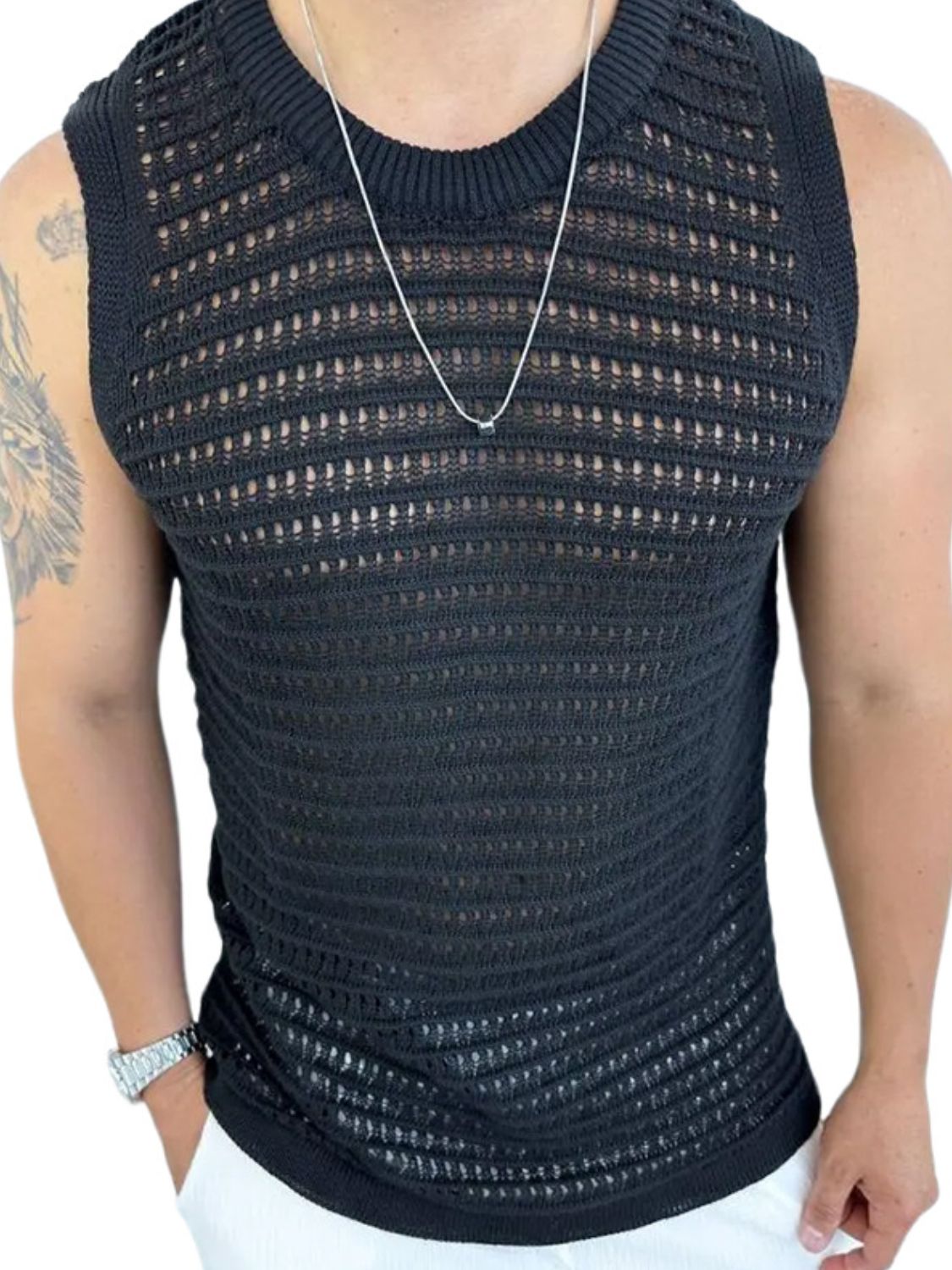 Men's Round Neck Hollow Out Sleeveless Knit Top - Smart Shopper