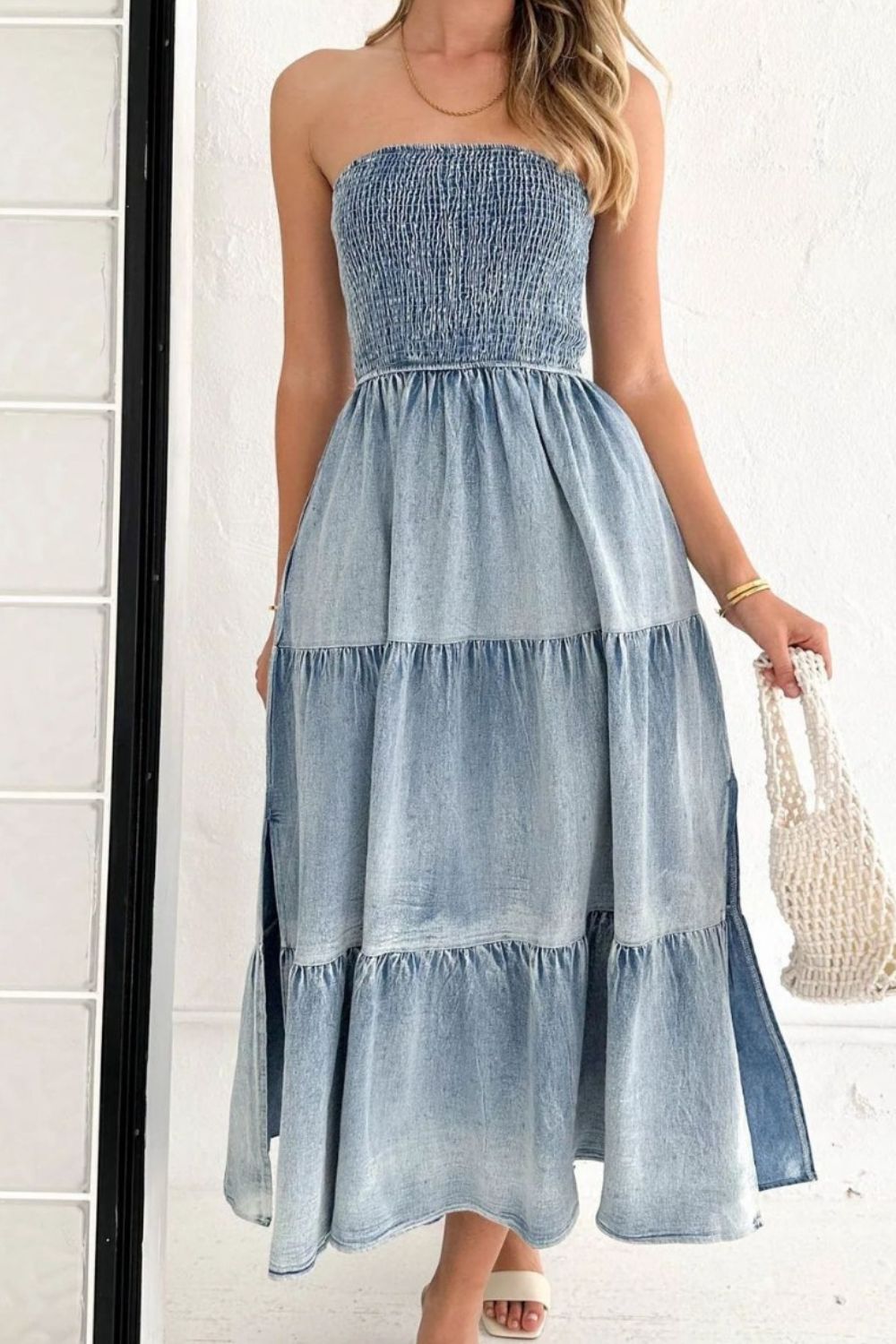 Smocked Tube Slit Tiered Denim Dress - Smart Shopper