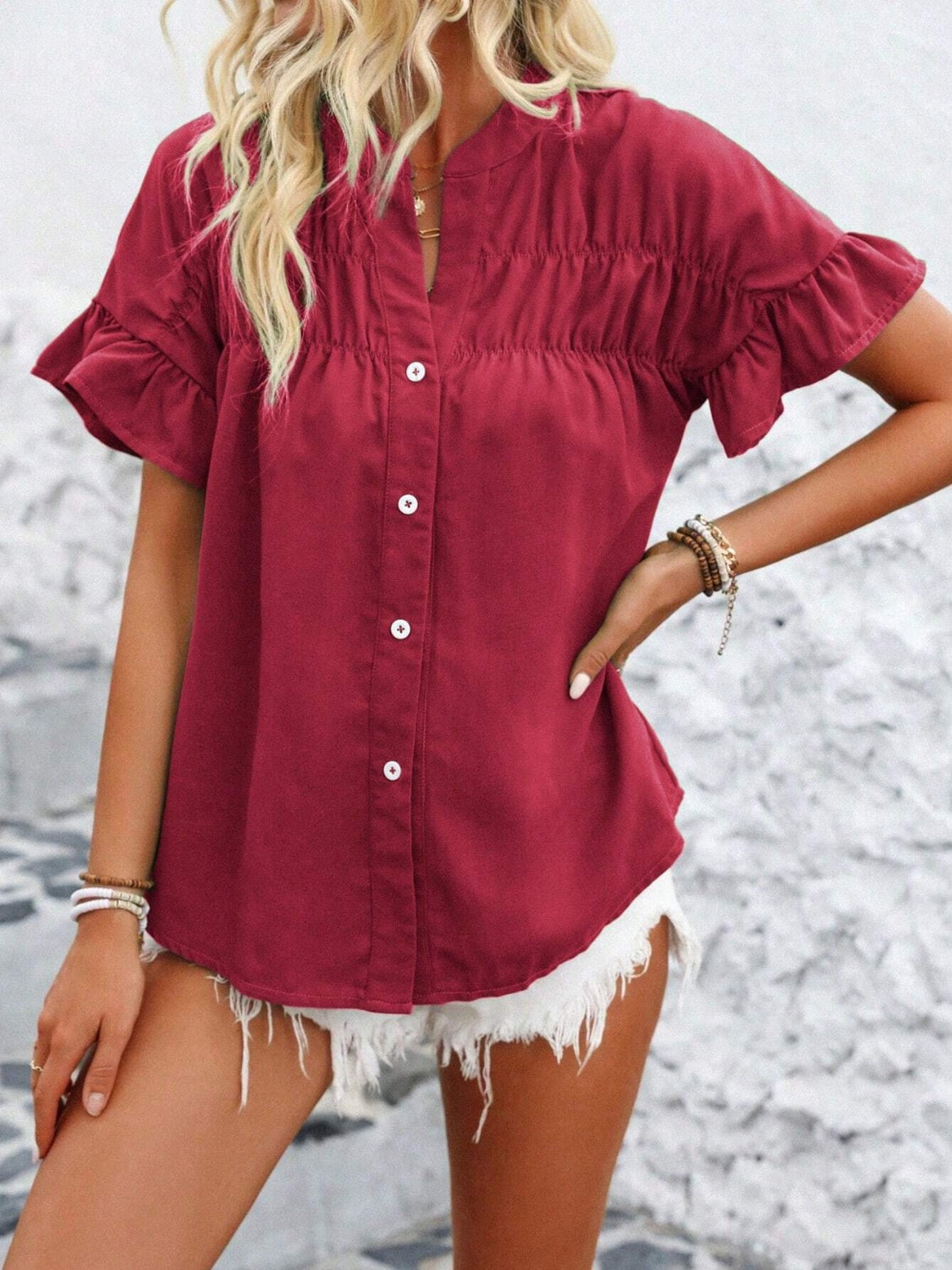 Button Down Ruffled Short Sleeve Shirt - Smart Shopper