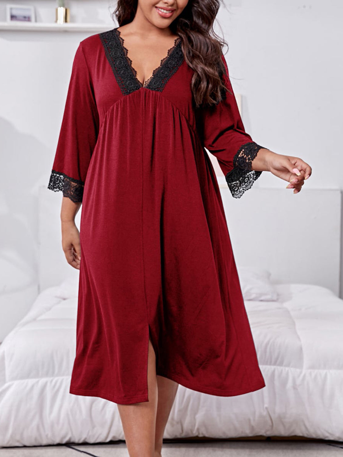 Plus Size Lace Detail V-Neck Lounge Dress - Smart Shopper