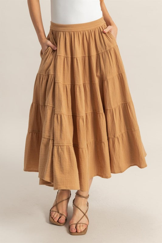 HYFVE Double Gauze Tiered Midi Skirt with Pockets - Smart Shopper