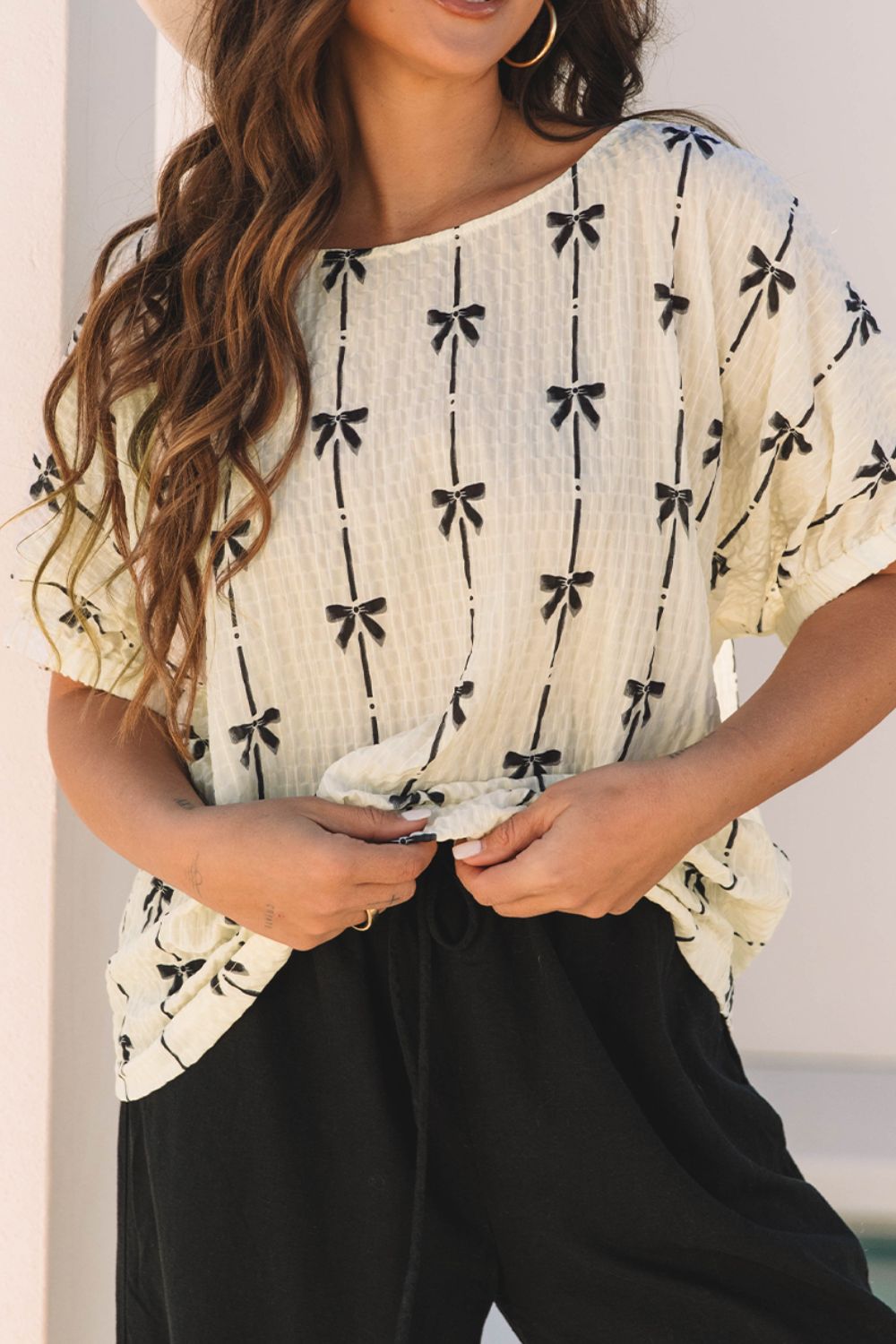 Bow Print Short Sleeve Top - Smart Shopper