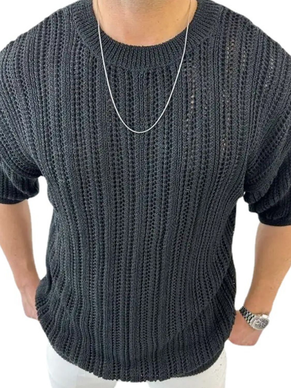 Men's Openwork Round Neck Knit T-Shirt - Smart Shopper